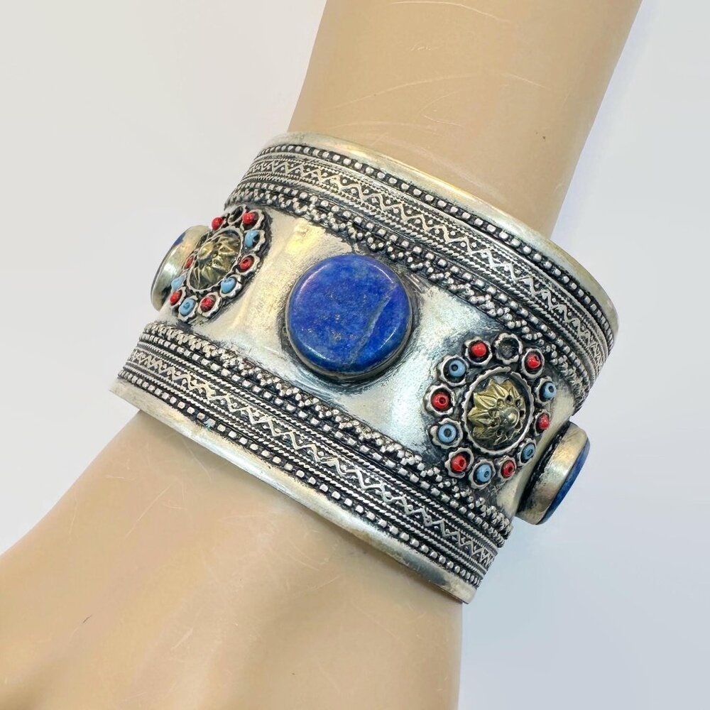 Lapis Bracelet, Afghan, Middle Eastern, Vintage, Silver, Wide, Ornate, Boho
